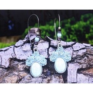 Retro Style Rose & Turquoise Drop Earrings Boho NWT